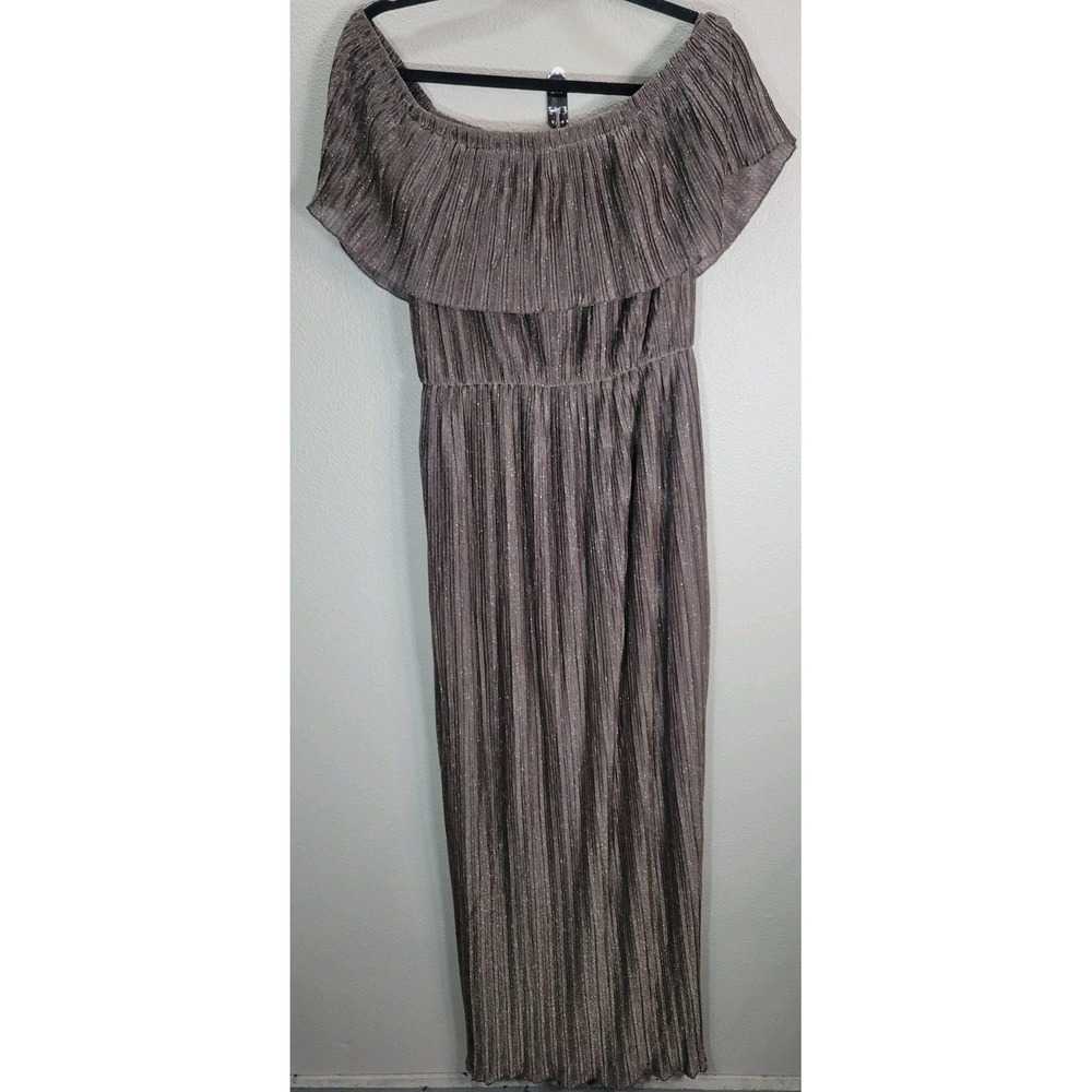 Dress the‎ Population Athena Maxi Metallic Pleated Off Shoulder Dress Brown L